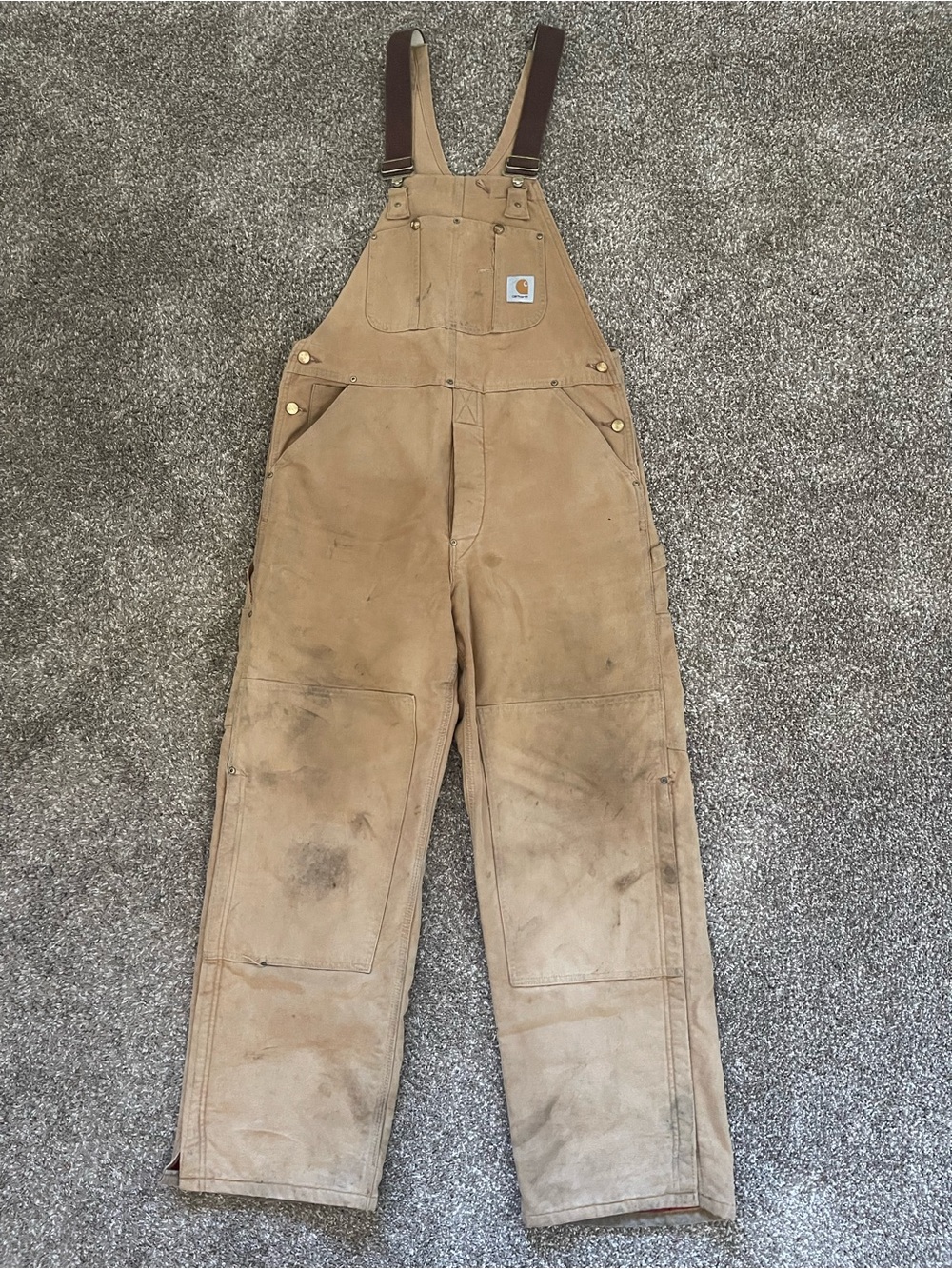 Carhartt Double Knee Bib Overalls Duck Canvas Men's Sz 36x32 Lined Distressed